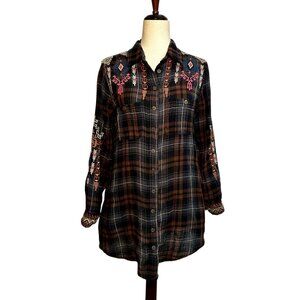 Johnny Was Plaid Embroidered Flannel Shirt Jacket Shacket Small Boho